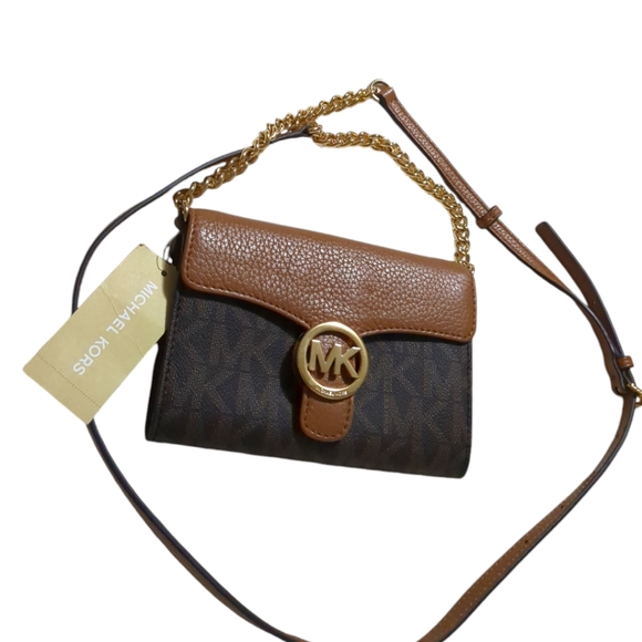 *New*Michael Kors Monogram Black & Tan Leather Crossbody Purse - Picture 16 of 16